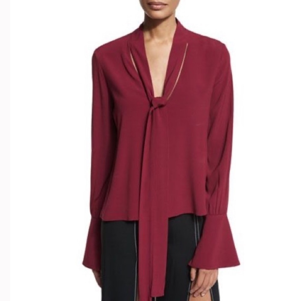 Alexis Diana Bell Sleeves Top Burgundy Red Tie Neck Blouse Deep V-neckline S